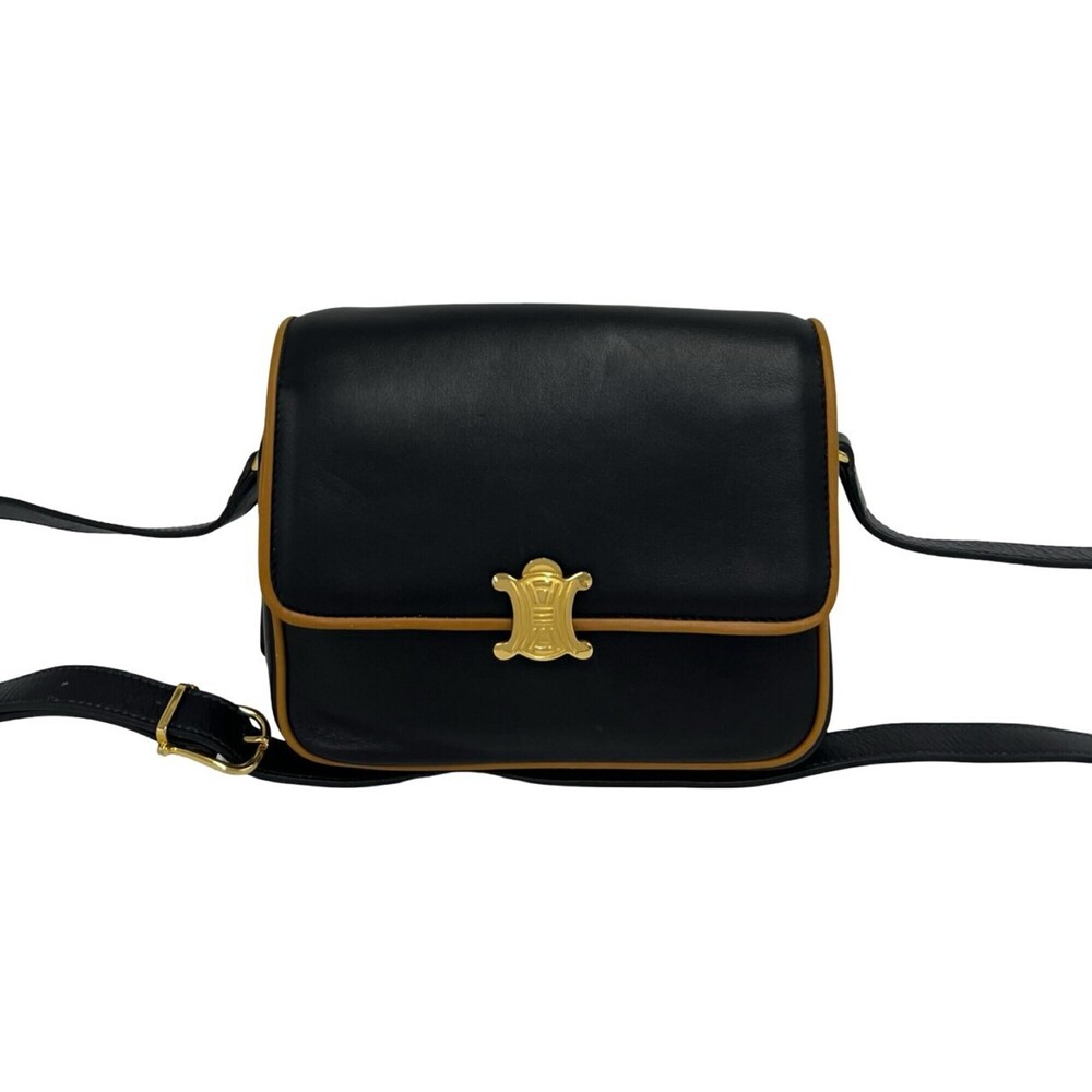 CELINE Vintage Triomphe Logo Leather Shoulder Bag/Pochette, Black/Brown, 69894